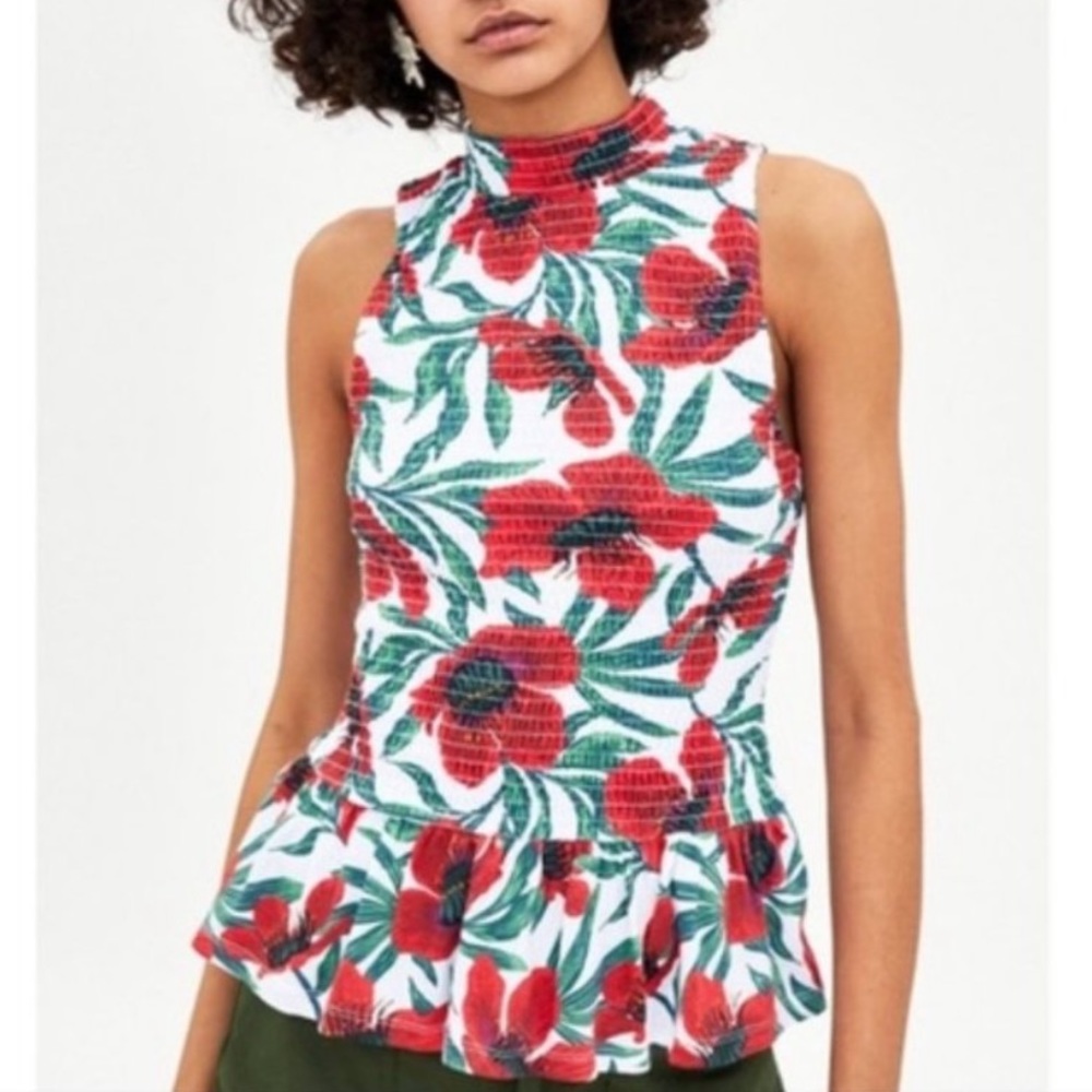 ZARA Trafaluc Smocked Peplum Floral Top small